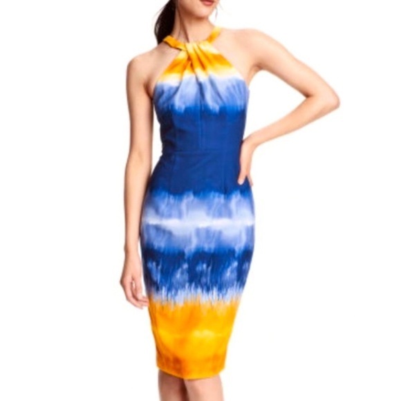 H&M Blue and Orange Tie Dye Print Halter Midi Dress - size US 4 - Picture 1 of 9